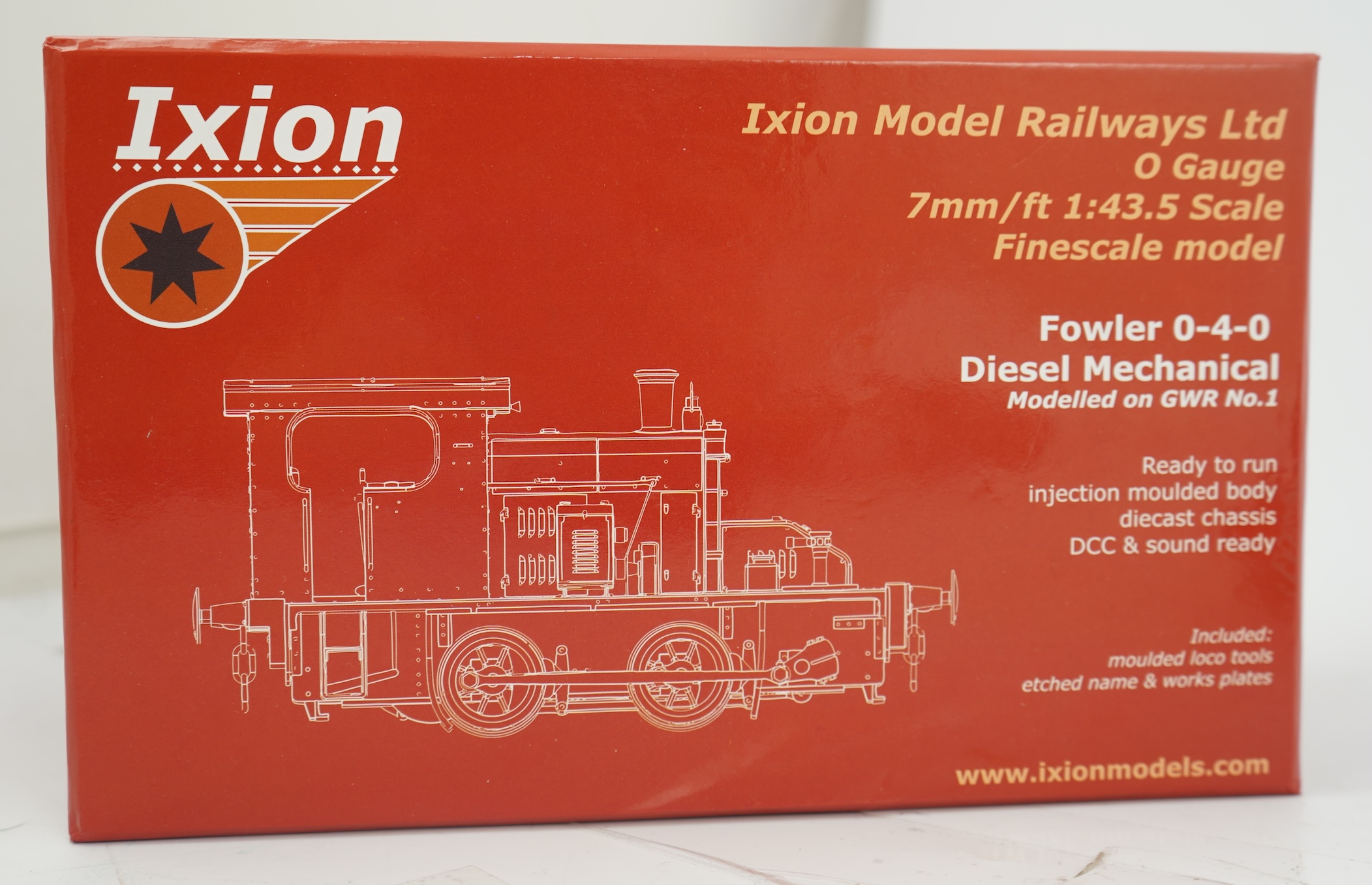 A boxed 0 Gauge Ixion (IOD-GWR) model of GWR No.1, Fowler 0-4-0 diesel mechanical locomotive, powered for two rail operation, with detailing elements.